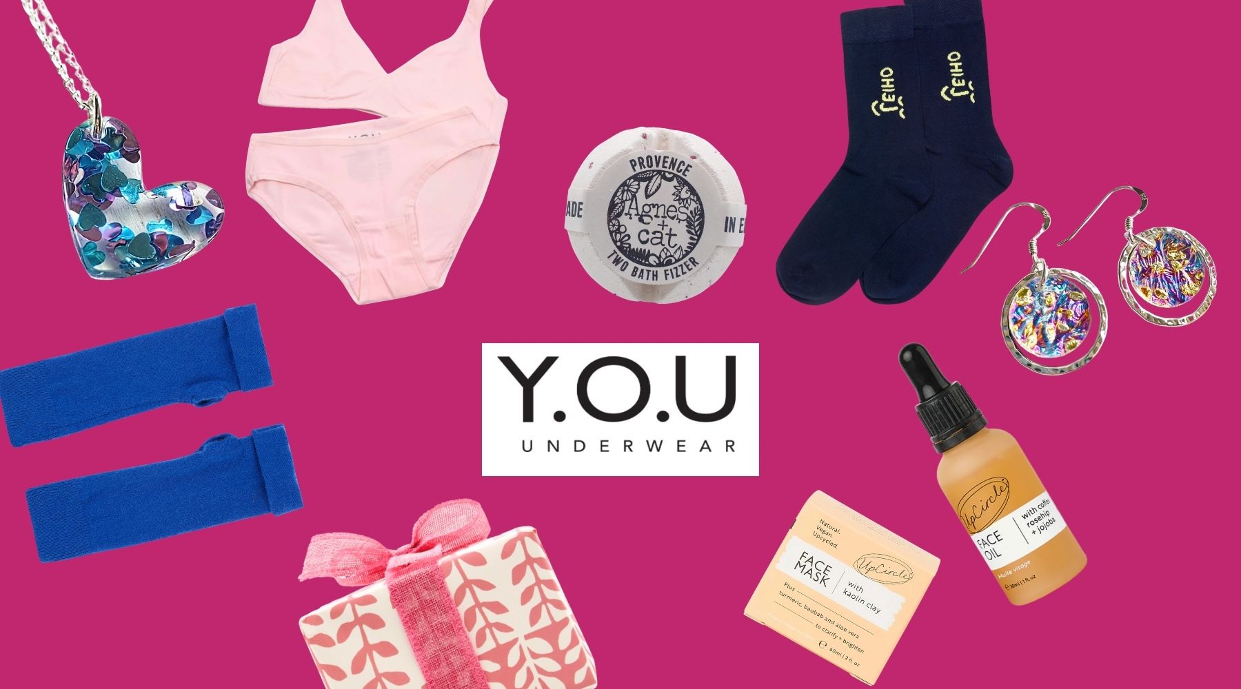 Photo collage on a hot pink background with black and white Y.O.U Underwear logo in the middle.