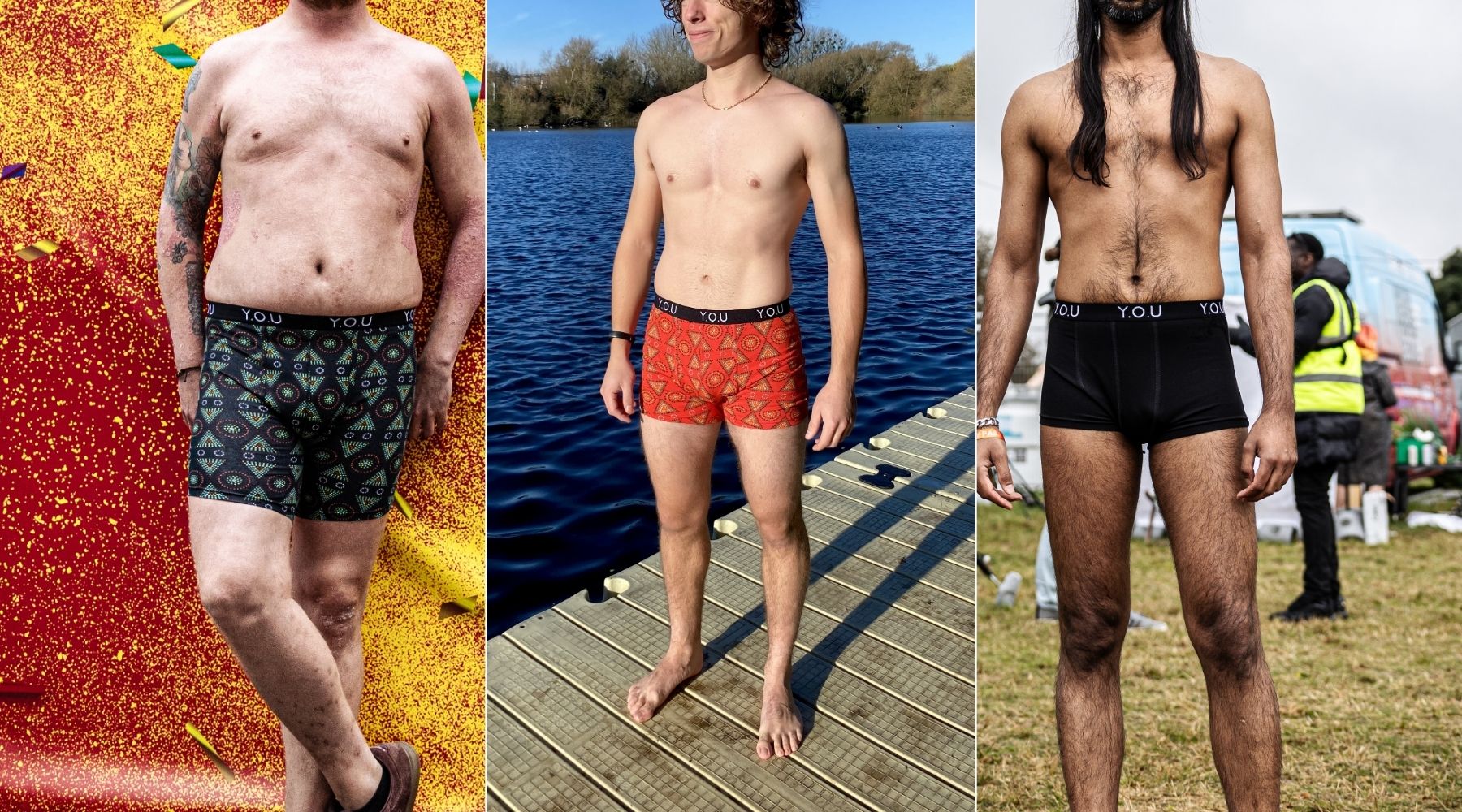Three photos of men modelling trunks in hipster, mid length, or longer leg styles in black mara print, red mara print, or plain black with a black and white YOU waistband.