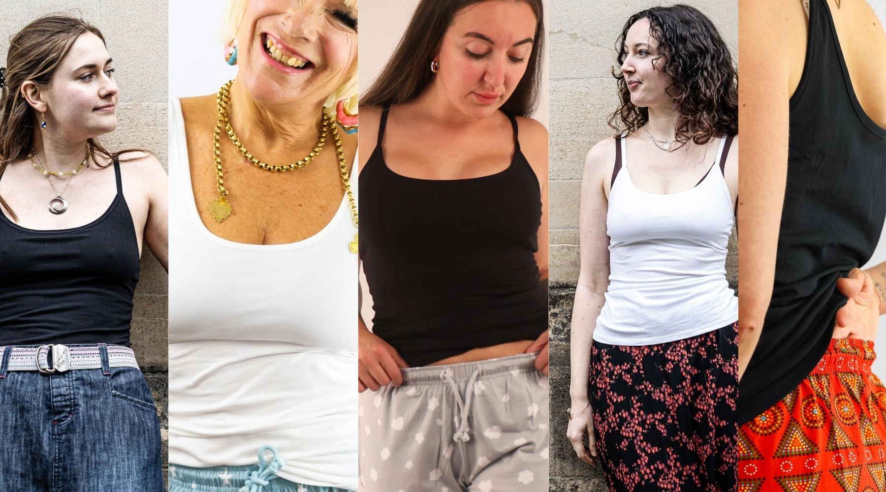 five photos collaged together of women wearing black or white cotton vest tops and camisoles