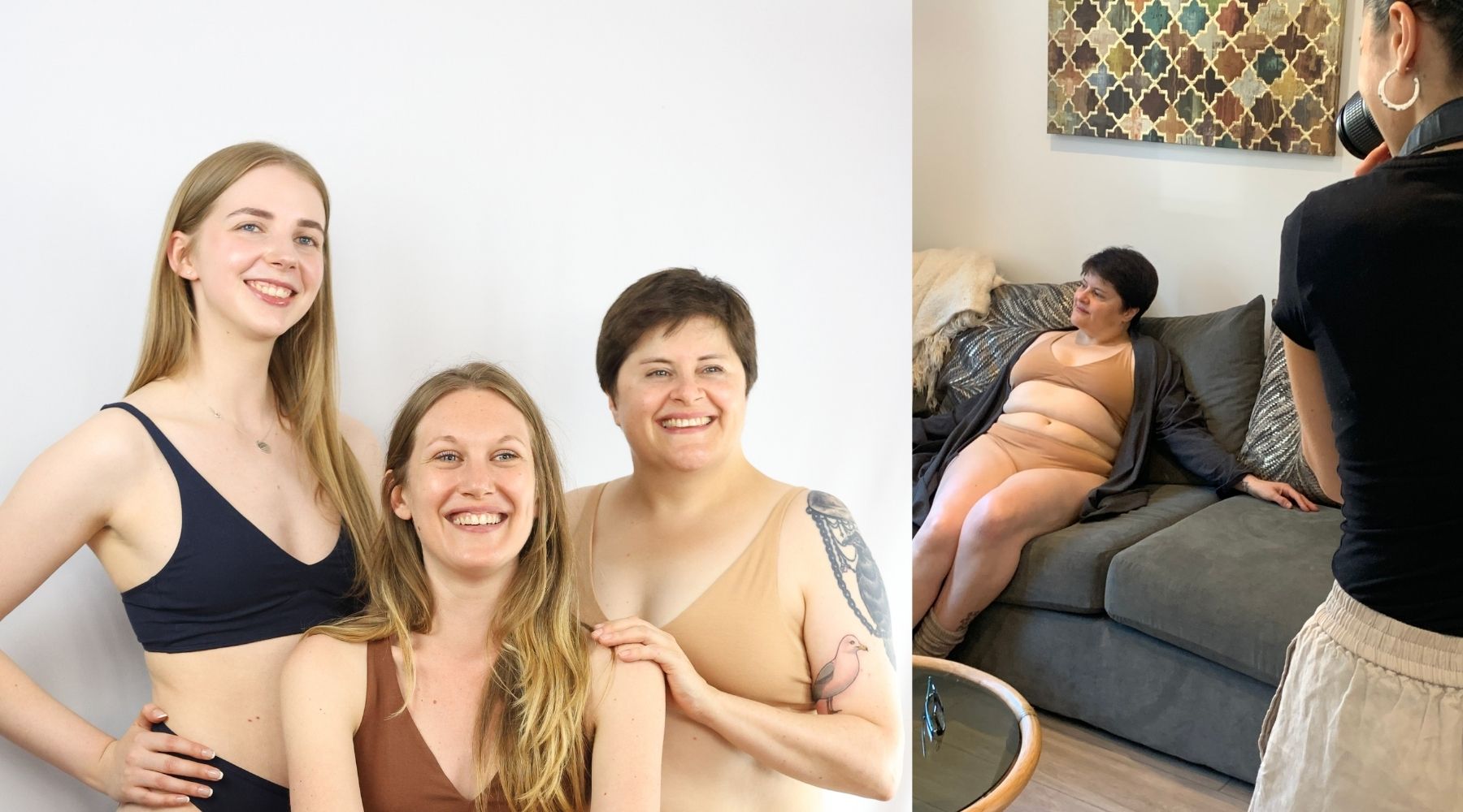 Photo of three women posing during a photoshoot while wearing Y.O.U underwear next to a photo of a woman being photographed on set.