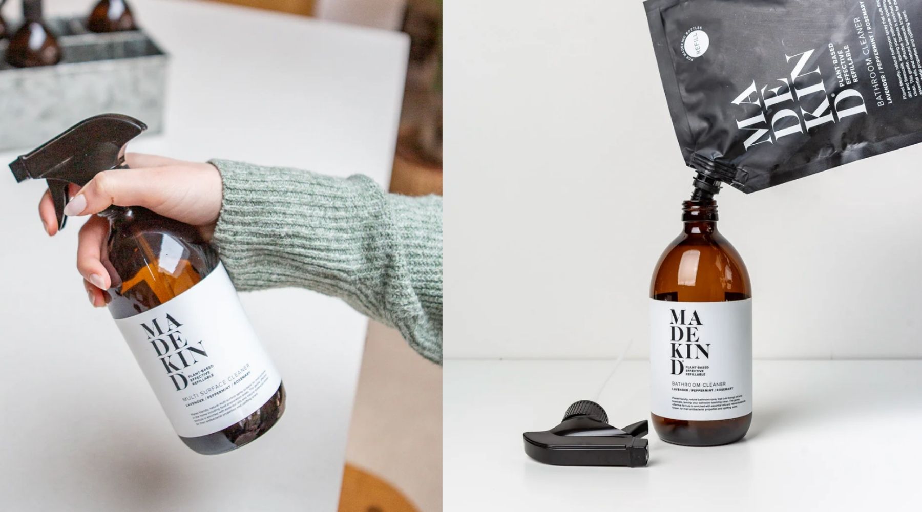 Two photos of glass bottles for cleaning products with MadeKind logo on white labels