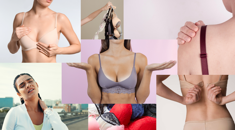 collage of photos of bras and people wearing bras and experiencing discomfort.