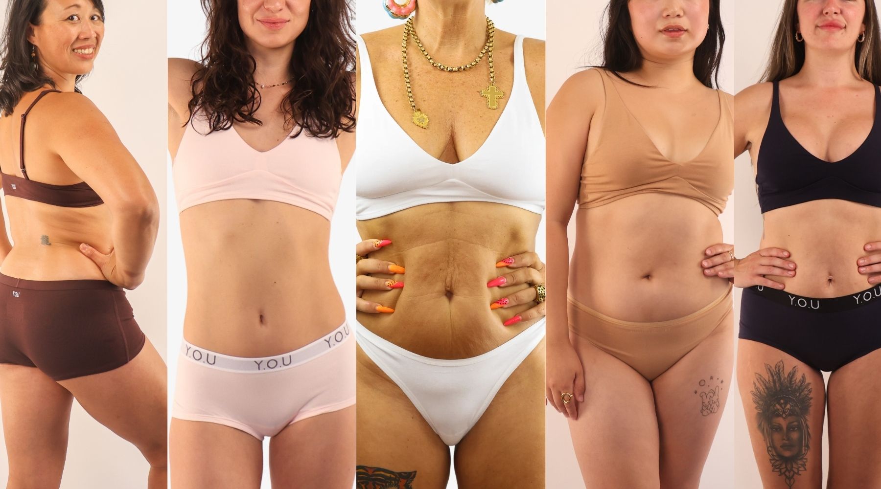 five photos collaged together of models wearing Y.O.U Underwear matching sets in cocoa, light pink, white, almond, and black