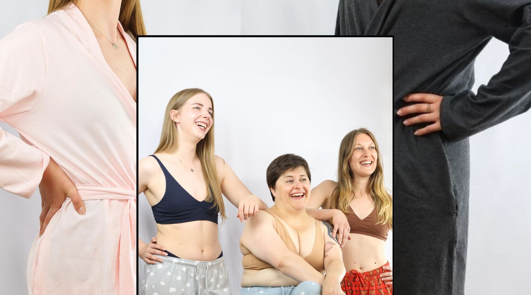 three models wearing Y.O.U loungewear and underwear and laughing towards the camera. In the backdrop are close up photos of two models wearing Y.O.U robes