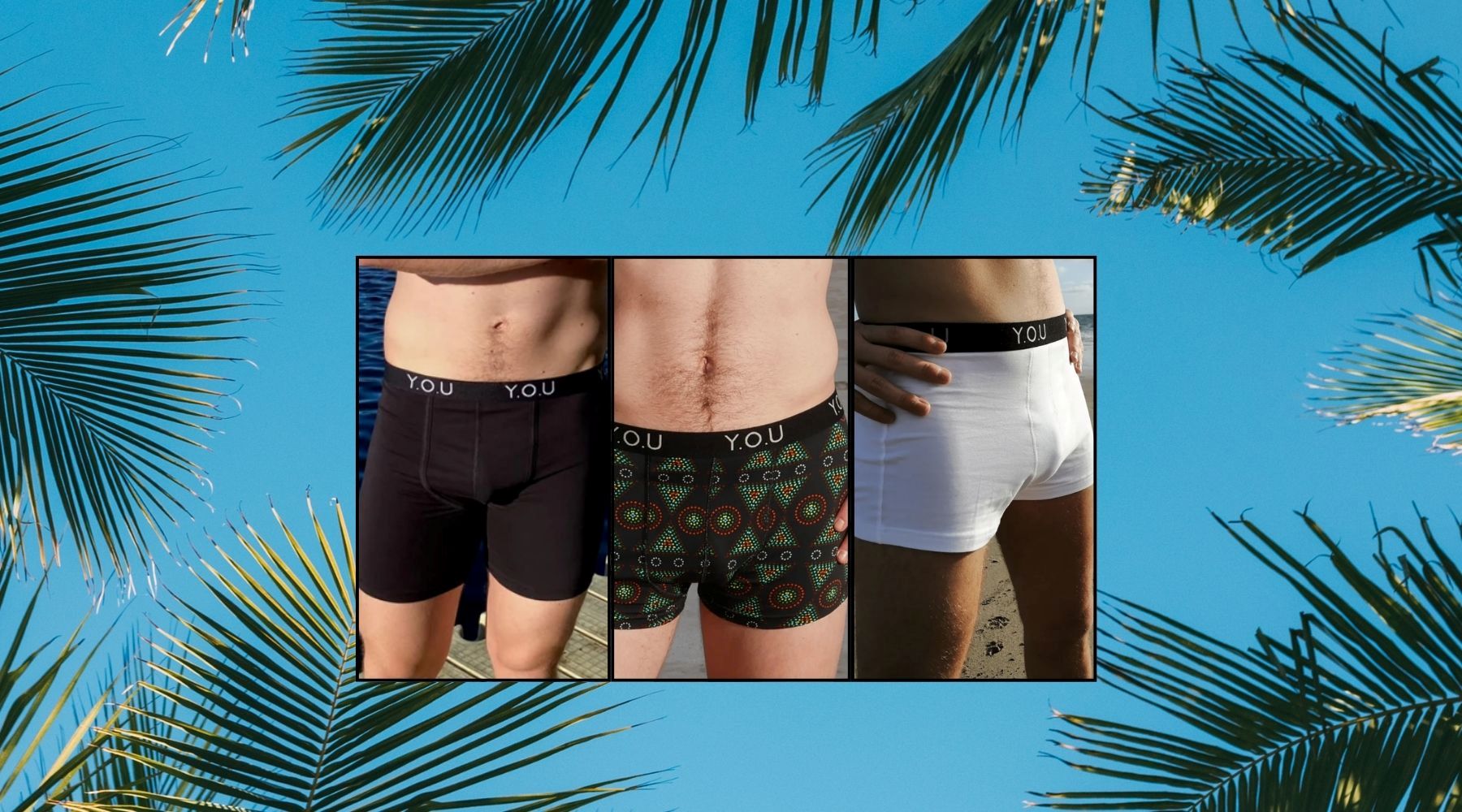 Blog banner: three images of organic cotton men's boxers in black, black mara print, and white, against a background of a blue sky and palm leaves