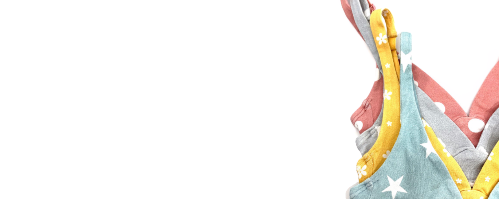 A white background with x4 girls Bralettes in brightly coloured patterns are against the right corner
