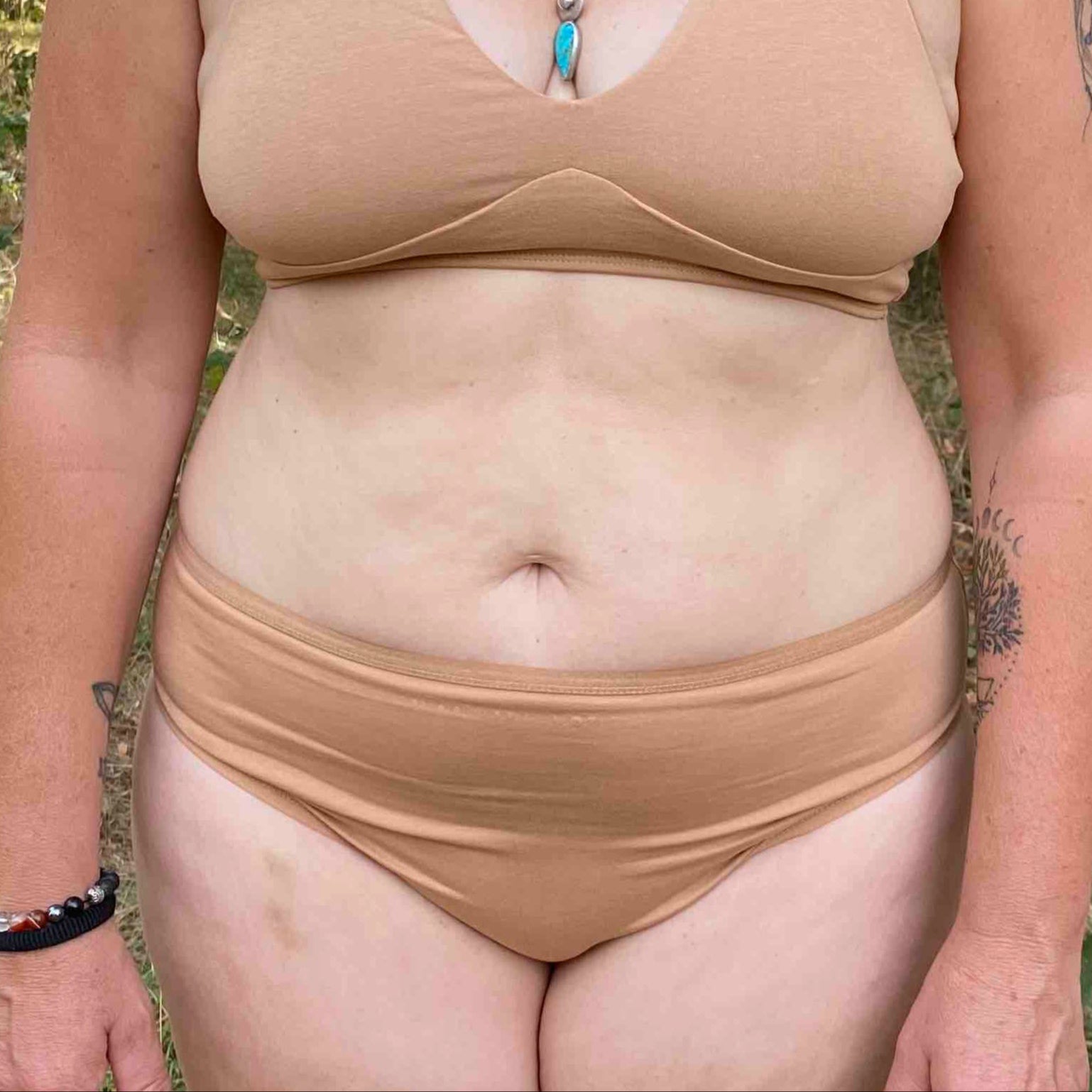 Women's organic cotton matching bralette and mid-rise bikini set - almond (light nude)