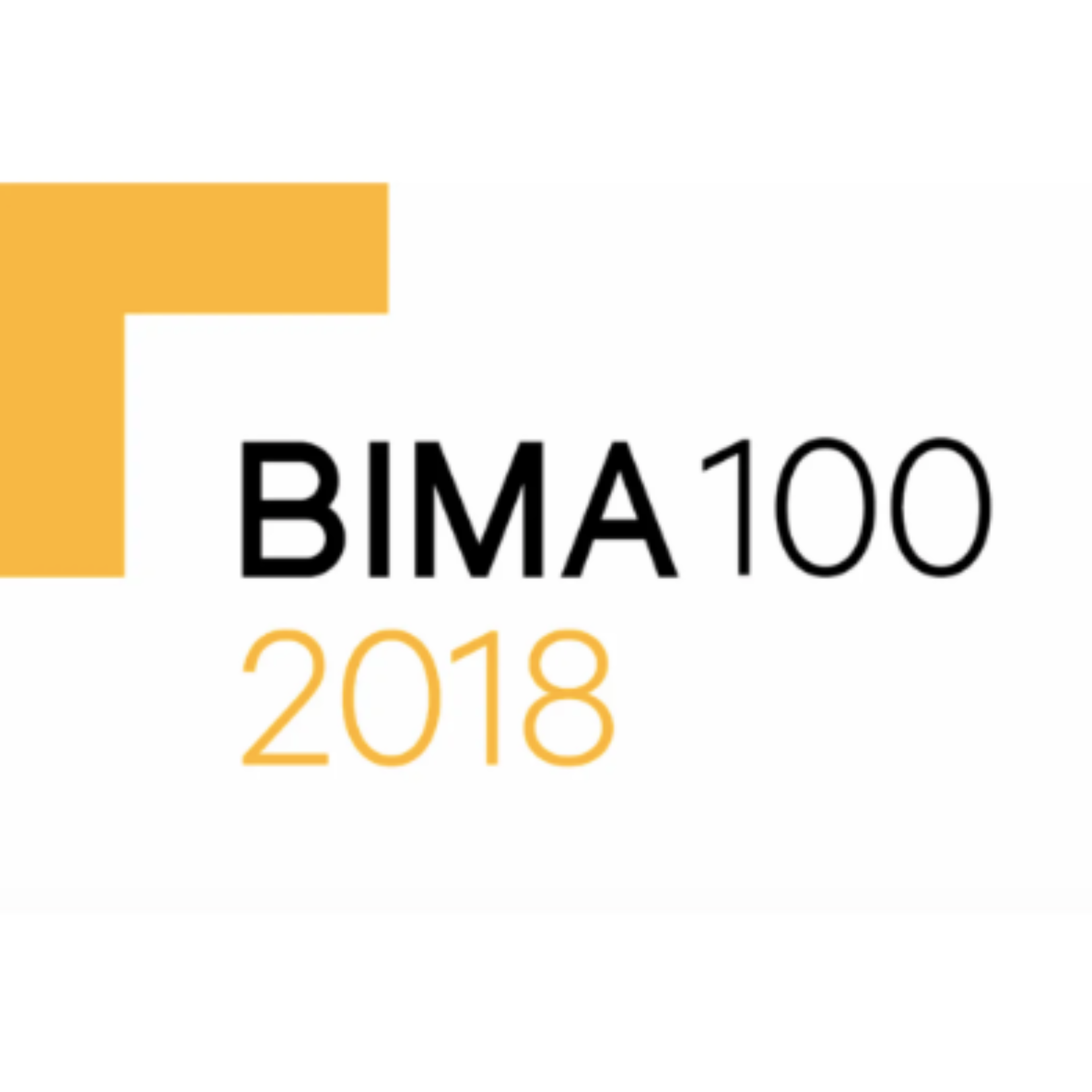 An image which reads BIMA 100 in black font and 2018 in bright orange font. The image has a white background and there is a bright orange border in the top left of the image.
