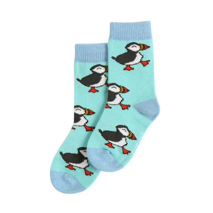 A photo of the Bare Kind kids puffin socks on a white background