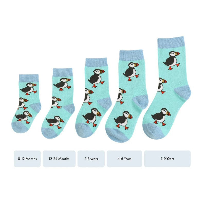 A photo of the bare kind kids sock size guide with their puffin socks