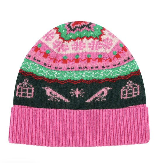 A photo of the Black & Beech fairisle beanie in bubblegum pink on a white background