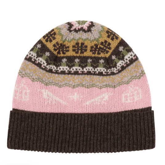 A photo of the Black & Beech fairisle beanie in cocoa and light pink on a white background