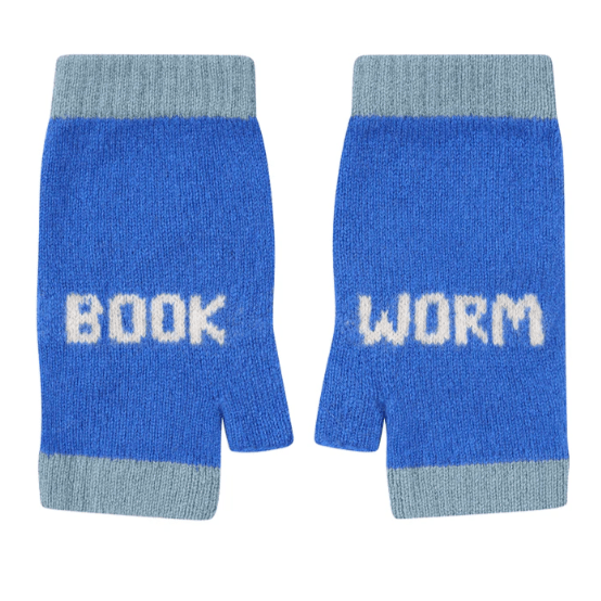 A photo of the Black & Beech Book Worm mittens in blue with white writing on a white background.