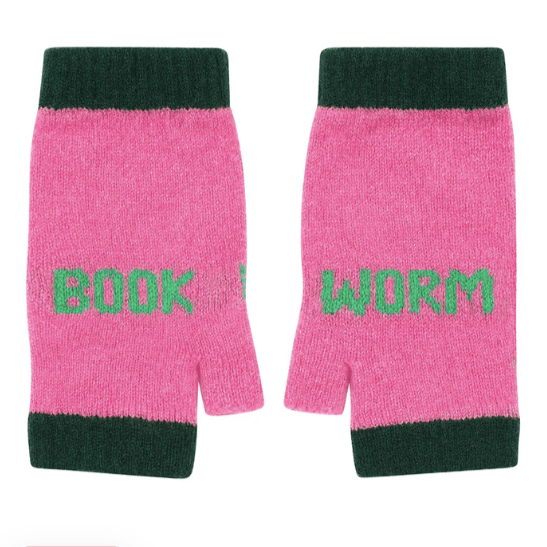 A photo of the Black & Beech Book Worm mittens in bubblegum pink with neon green writing and dark green cuffs on a white background.