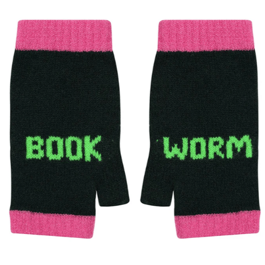 A photo of the Black & Beech Book Worm mittens in dark green with neon green writing and bubblegum pink cuffs on a white background.