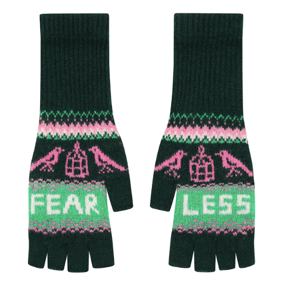 A flat lay photo of the Black & Beech Fearless Fingerless mittens. They are dark green, light green and baby pink and are on a white background.