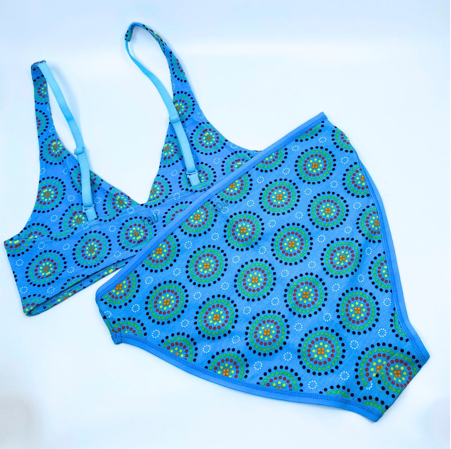 Women's organic cotton matching bralette and mid-rise bikini set - Blue Mara