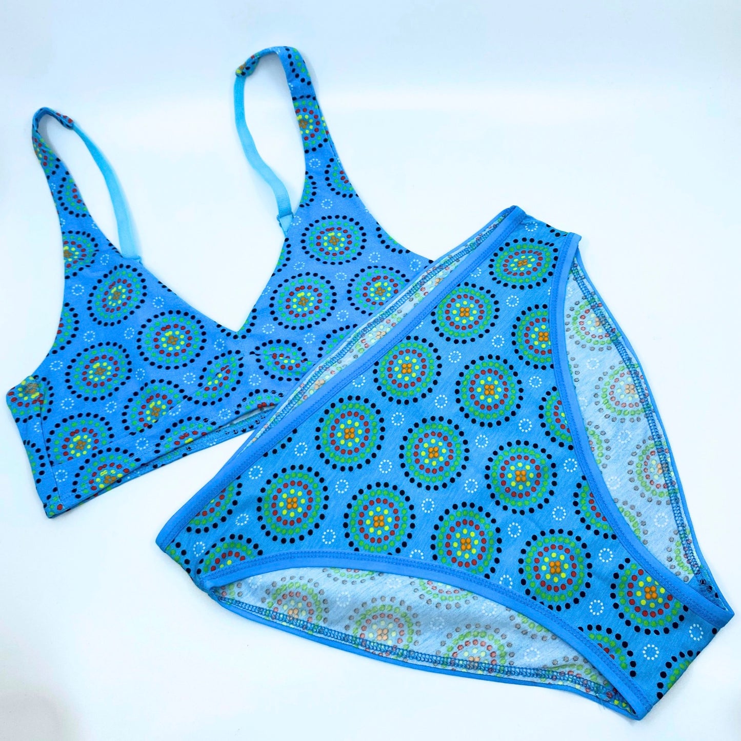 Women's organic cotton matching bralette and mid-rise bikini set - Blue Mara