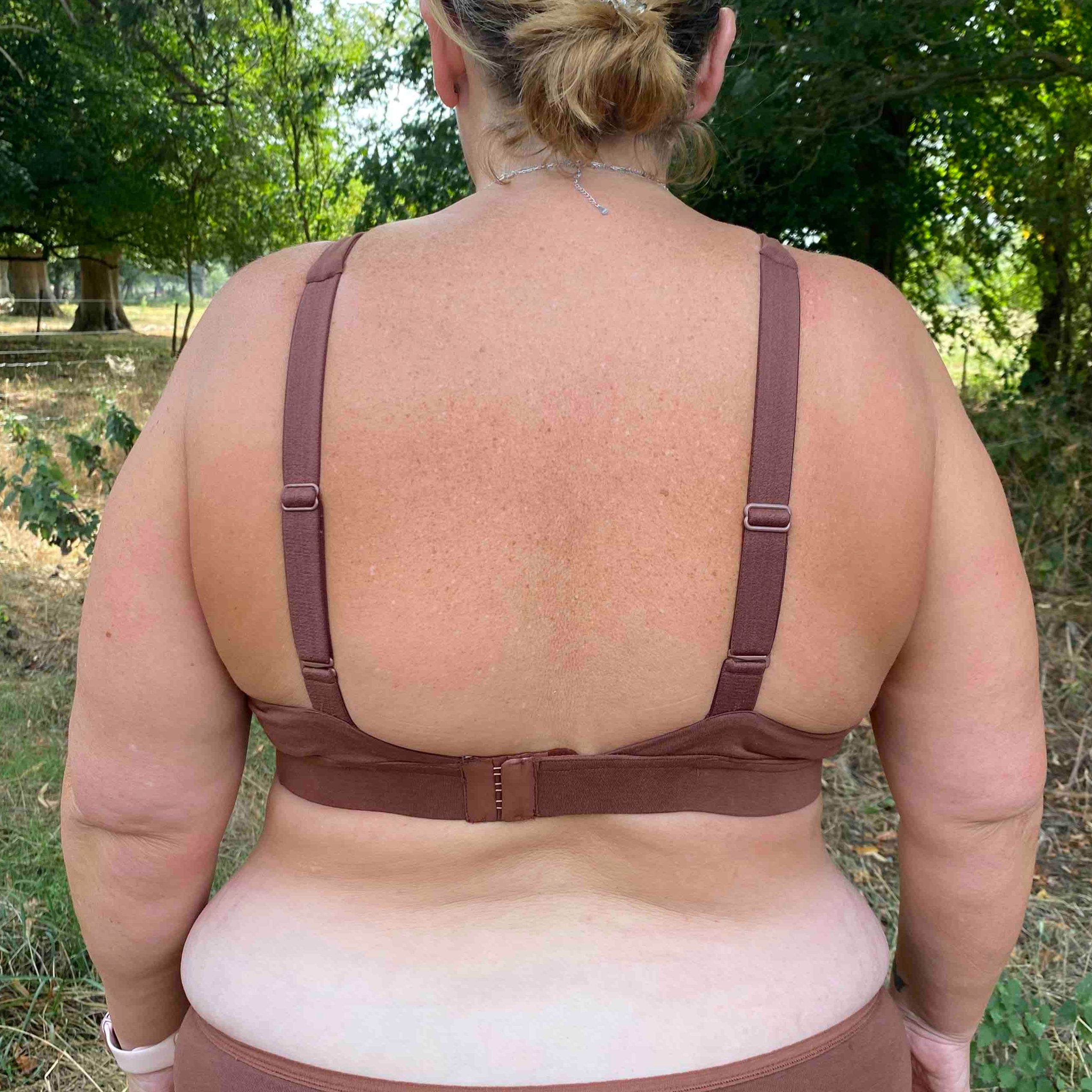 model wearing organic cotton more supportive bra chestnut - You Underwear