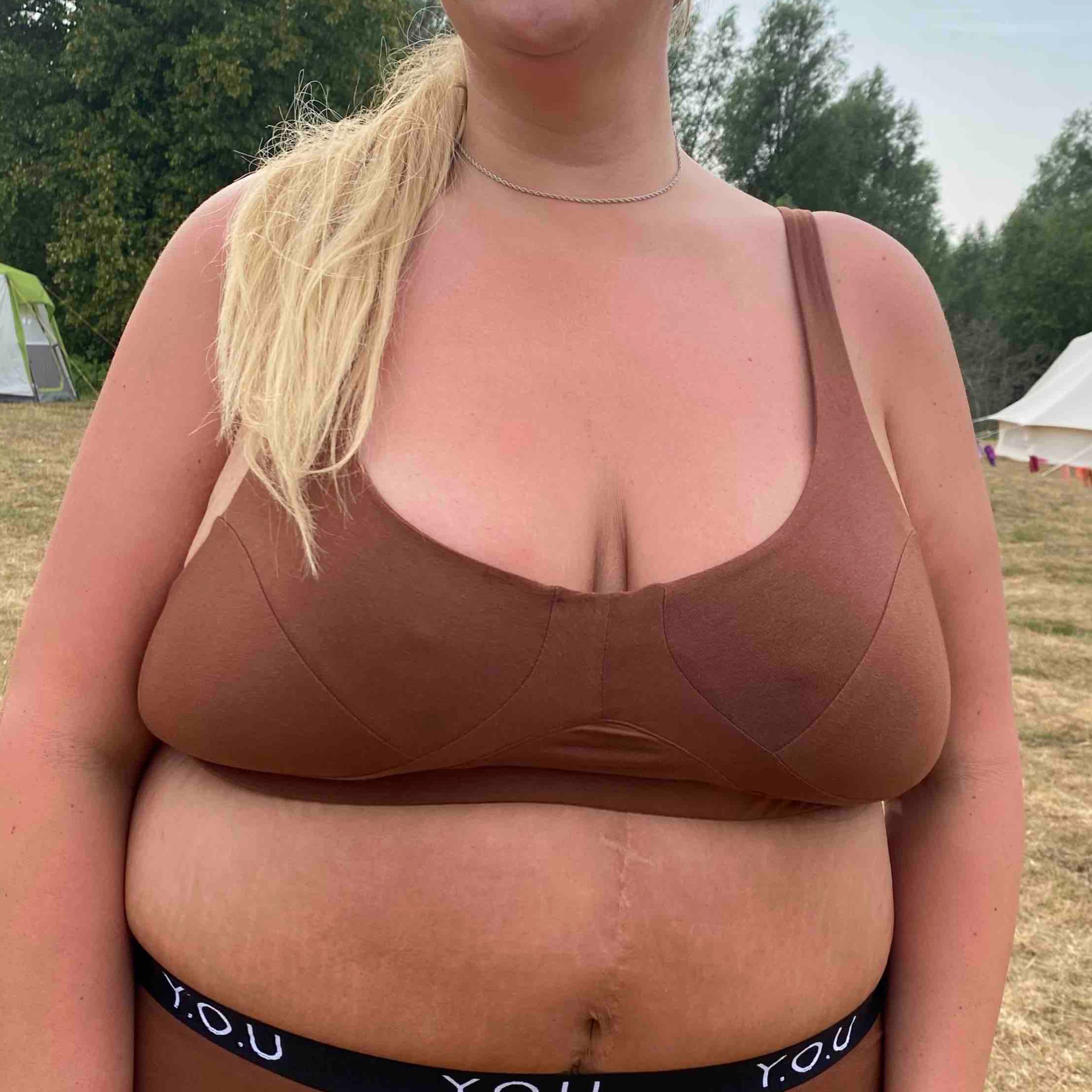model wearing organic cotton more supportive bra chestnut - You Underwear