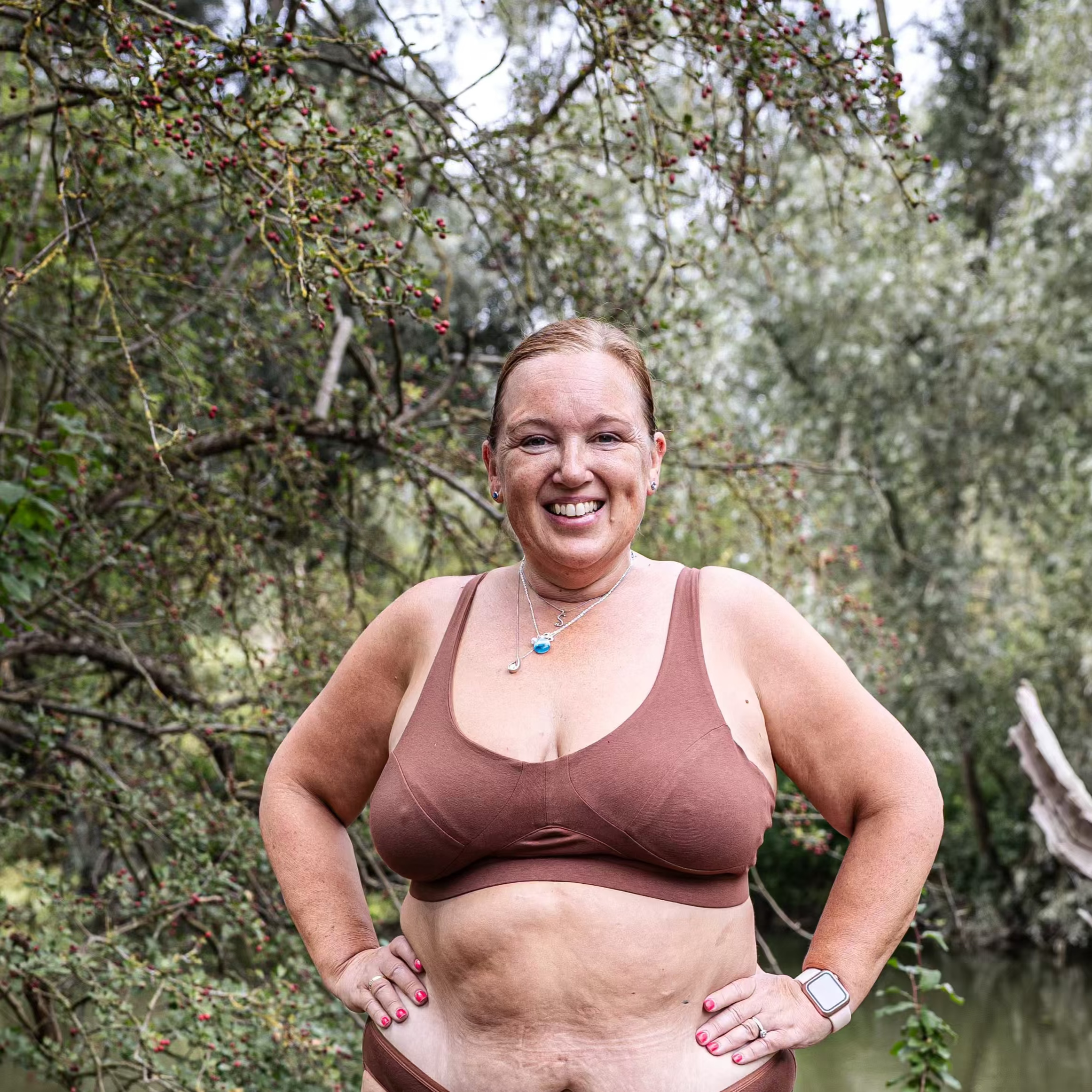 model wearing organic cotton more supportive bra chestnut - You Underwear