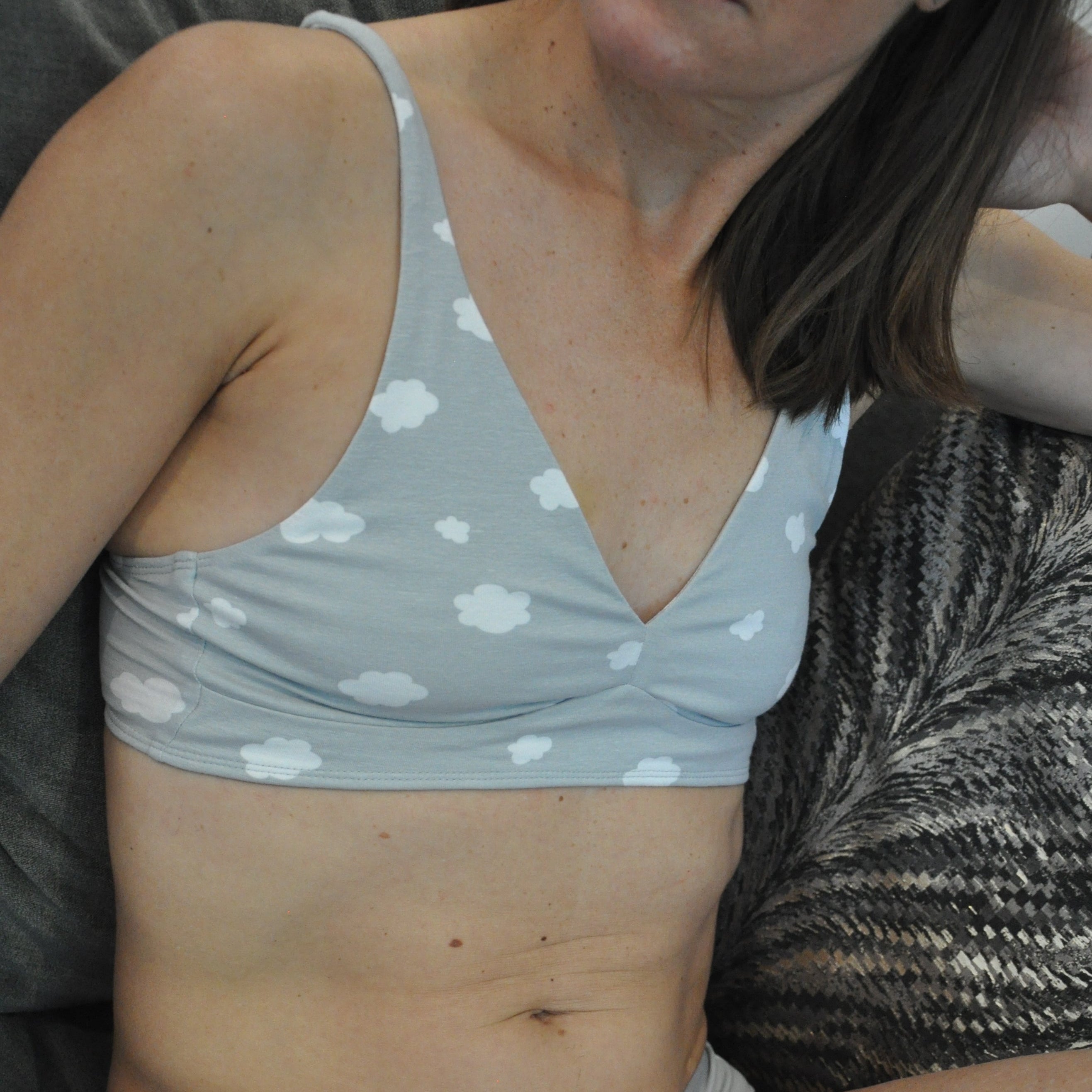 Women's organic cotton bralette in a light grey with white clouds pattern