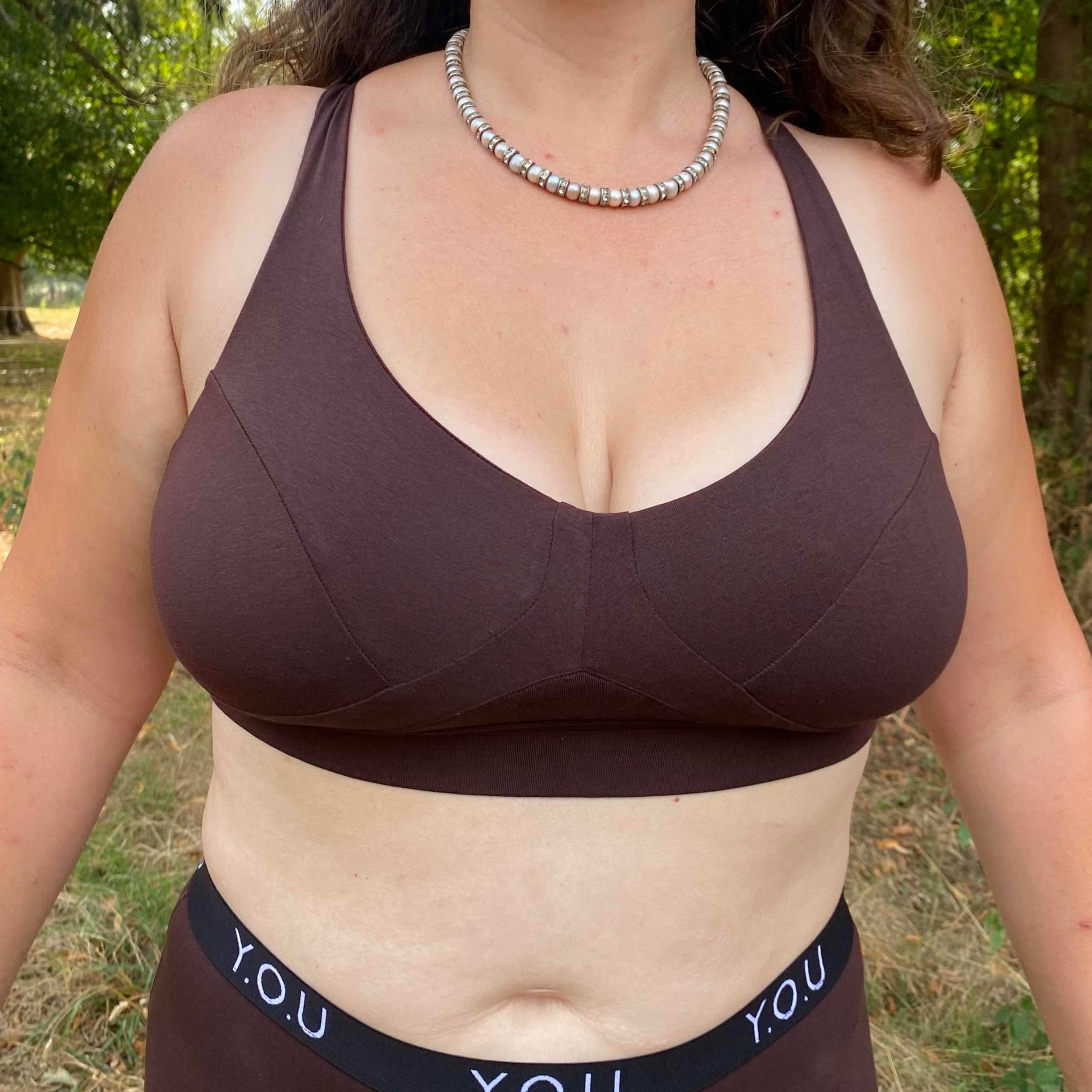 model wearing organic cotton more supportive bra cocoa - You Underwear