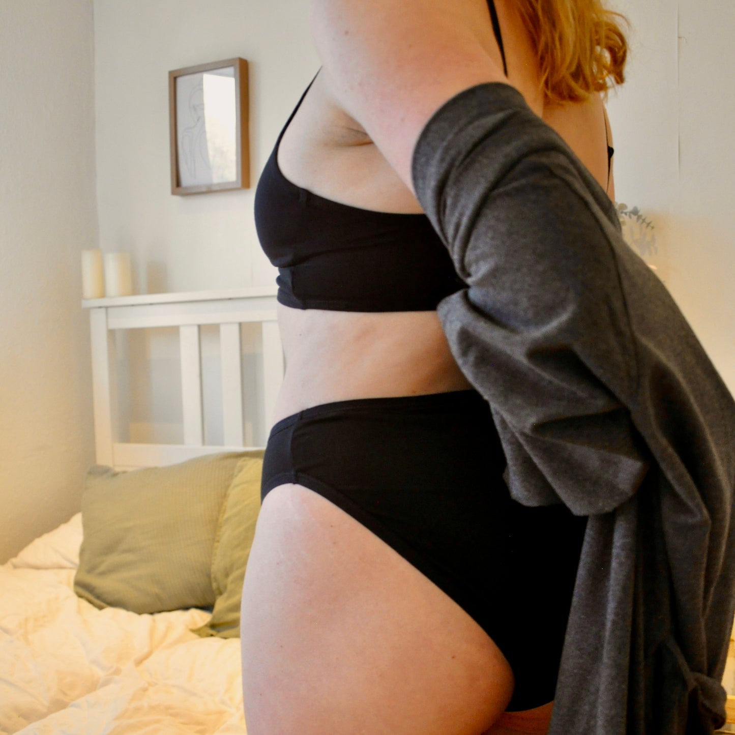 Women's organic cotton matching bralette and mid-rise bikini set - black