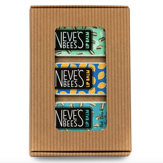 A photo of Neves bees lip balm gift set on a white background