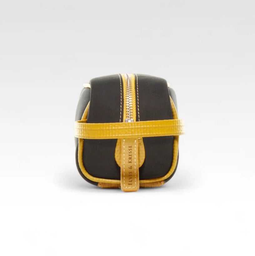 The Elvis and Kresse yellow printing blanket travel case on a white background, side view