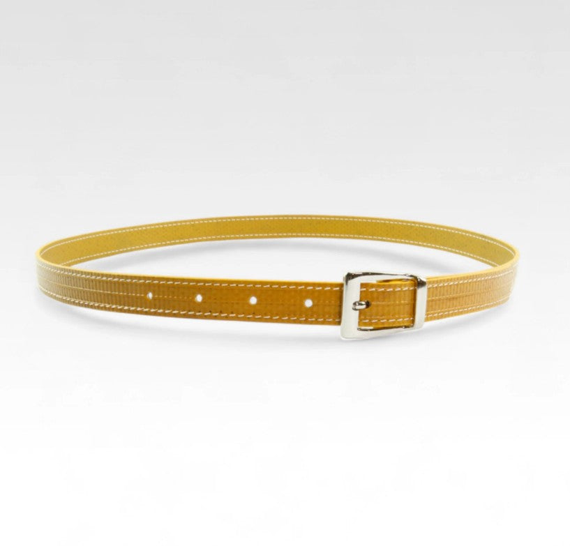 A picture of the yellow Elvis and Kresse skinny belt on a white background