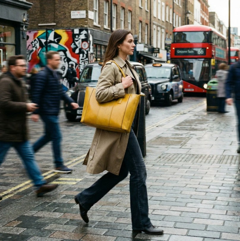 Yellow Elvis and Kresse Tote Bag on the shoulder of a female model who is walking through a street in London