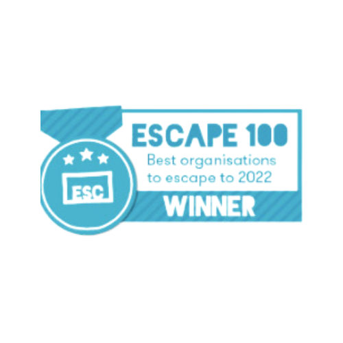 An image which reads, 'Escape 100.Best organisations to escape to 2022. Winner.' The writing in blue on a white background. There is a blue medal graphic on the left side of the image.