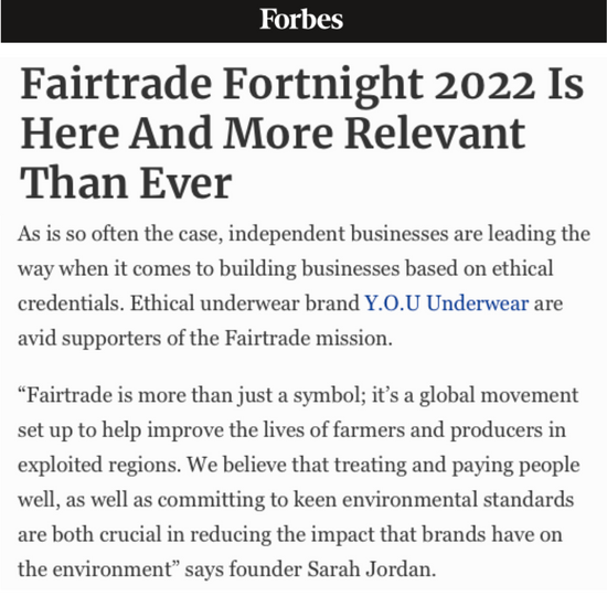 A screenshot of the Forbes article around fairtrade fortnight
