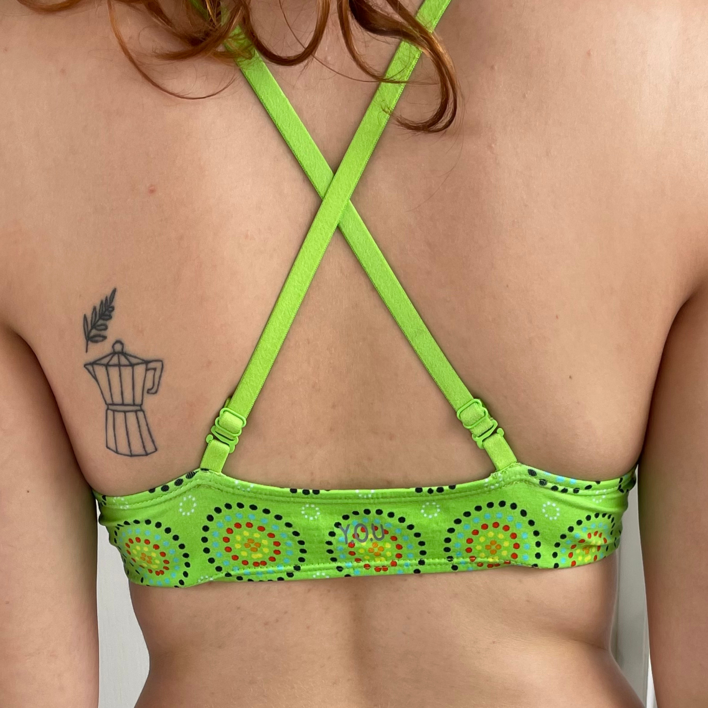 Women's organic cotton matching bralette and mid-rise bikini set - Green Mara design