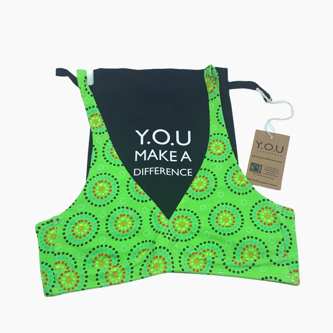 Women's organic cotton matching bralette and mid-rise bikini set - Green Mara design