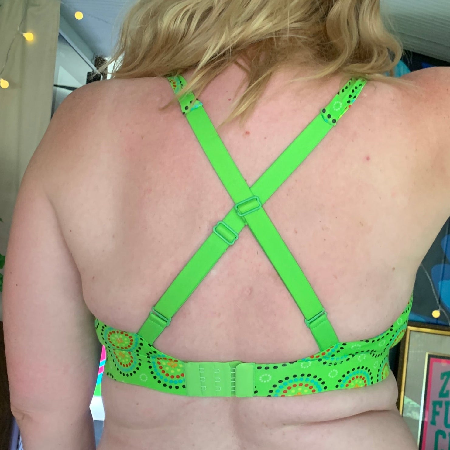 model wearing organic cotton more supportive bra green mara print - You Underwear