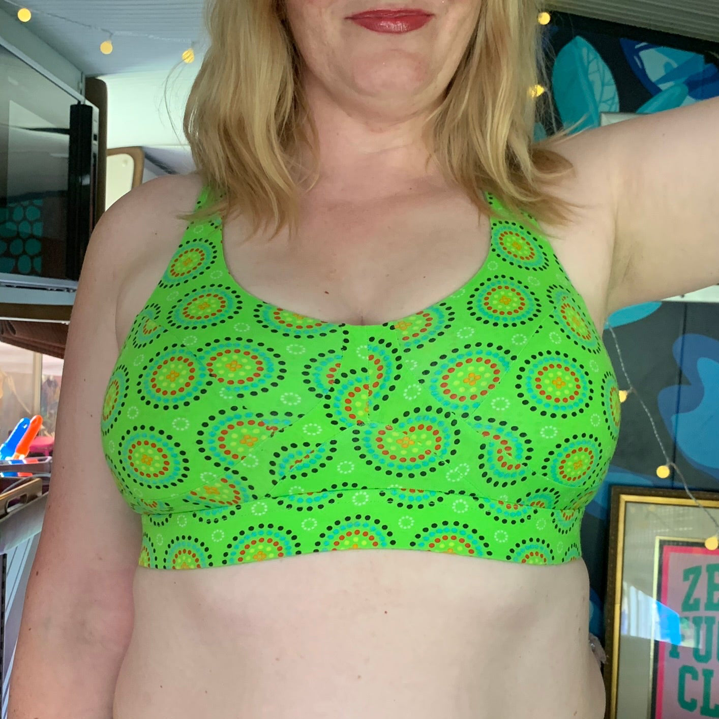 model wearing organic cotton more supportive bra green mara print - You Underwear
