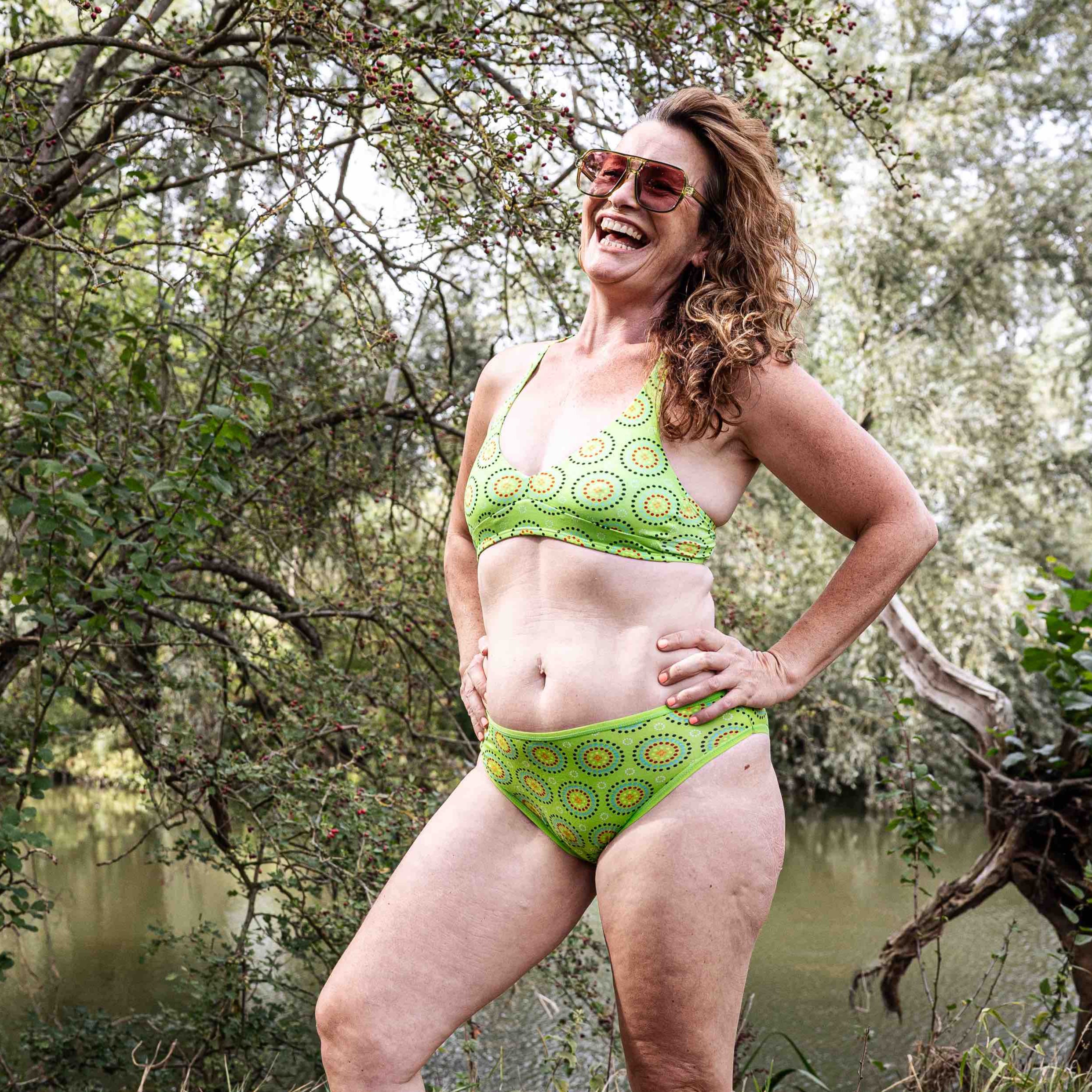 Women's organic cotton matching bralette and mid-rise bikini set - Green Mara design