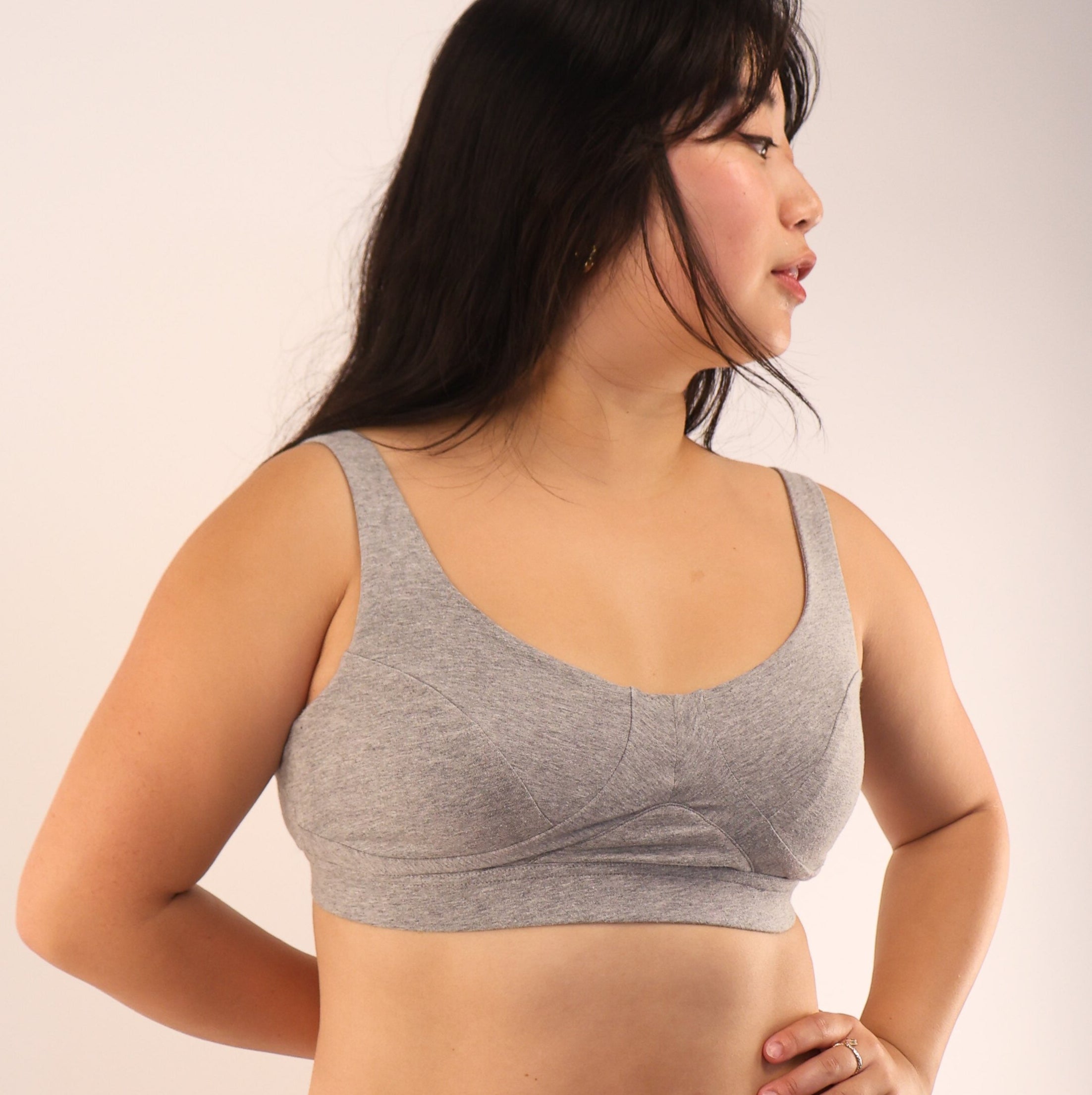 model wearing organic cotton more supportive bra grey