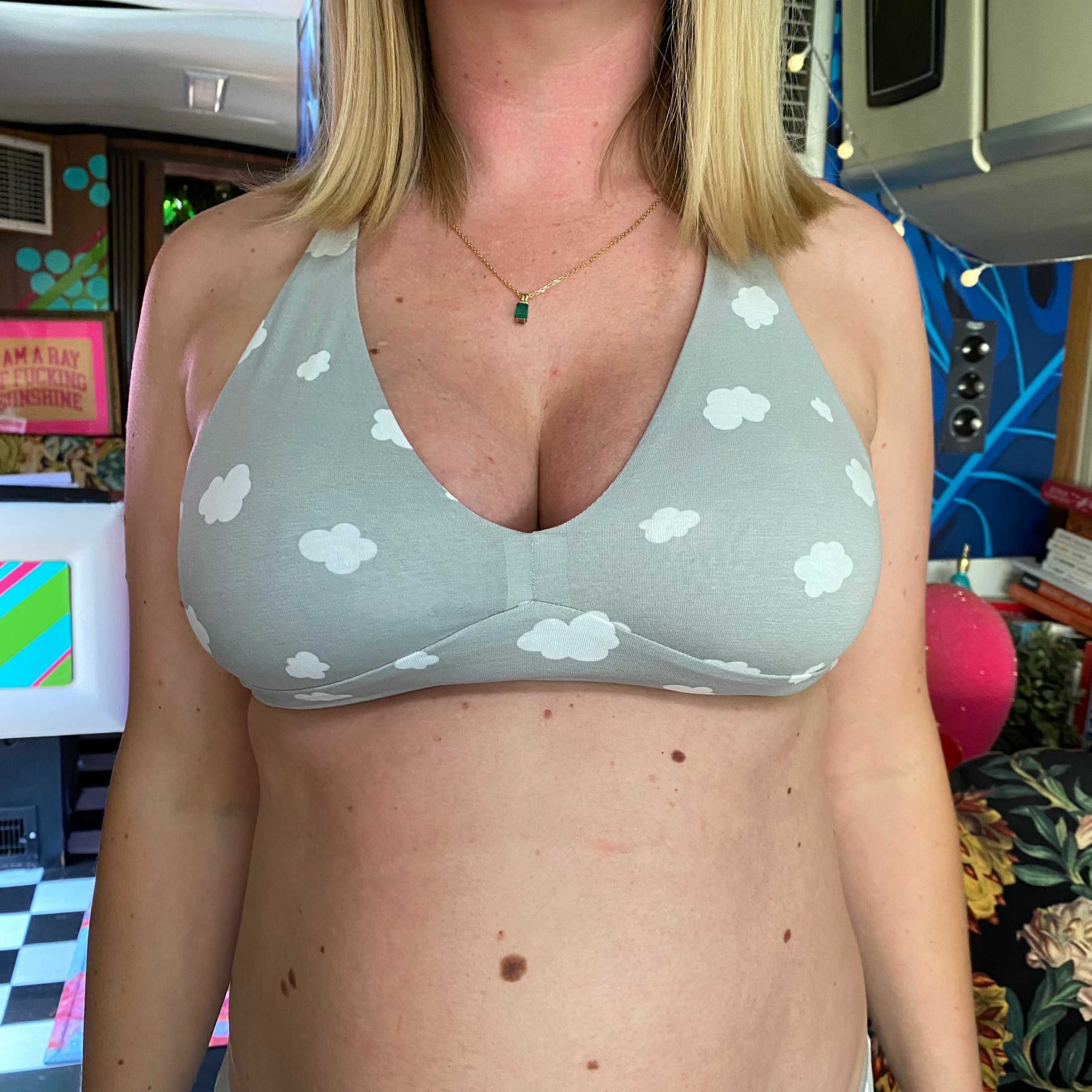 Women's organic cotton bralette in a light grey with white clouds pattern