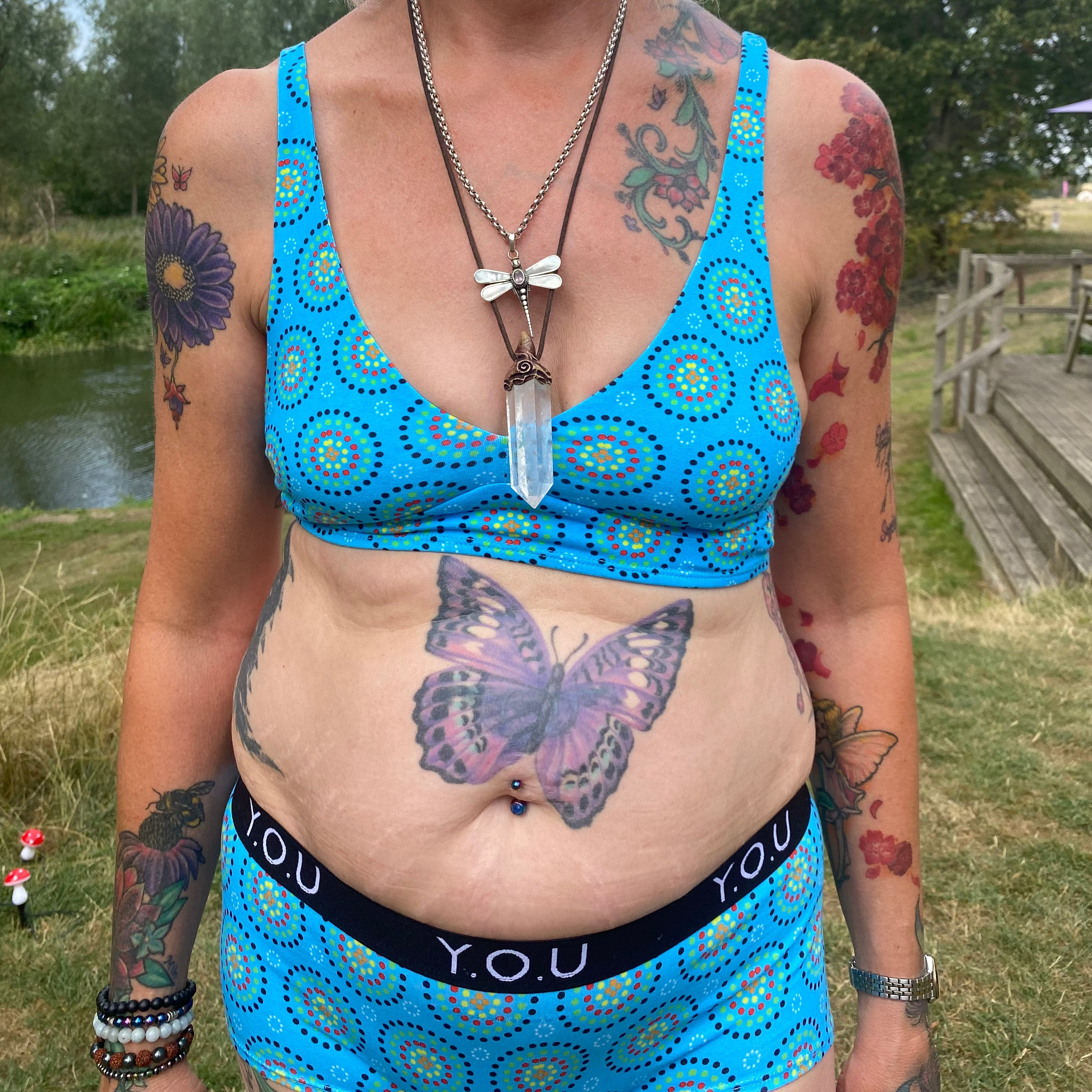 Women's organic cotton matching bralette and Y.O.U boy shorts set - Blue Mara design