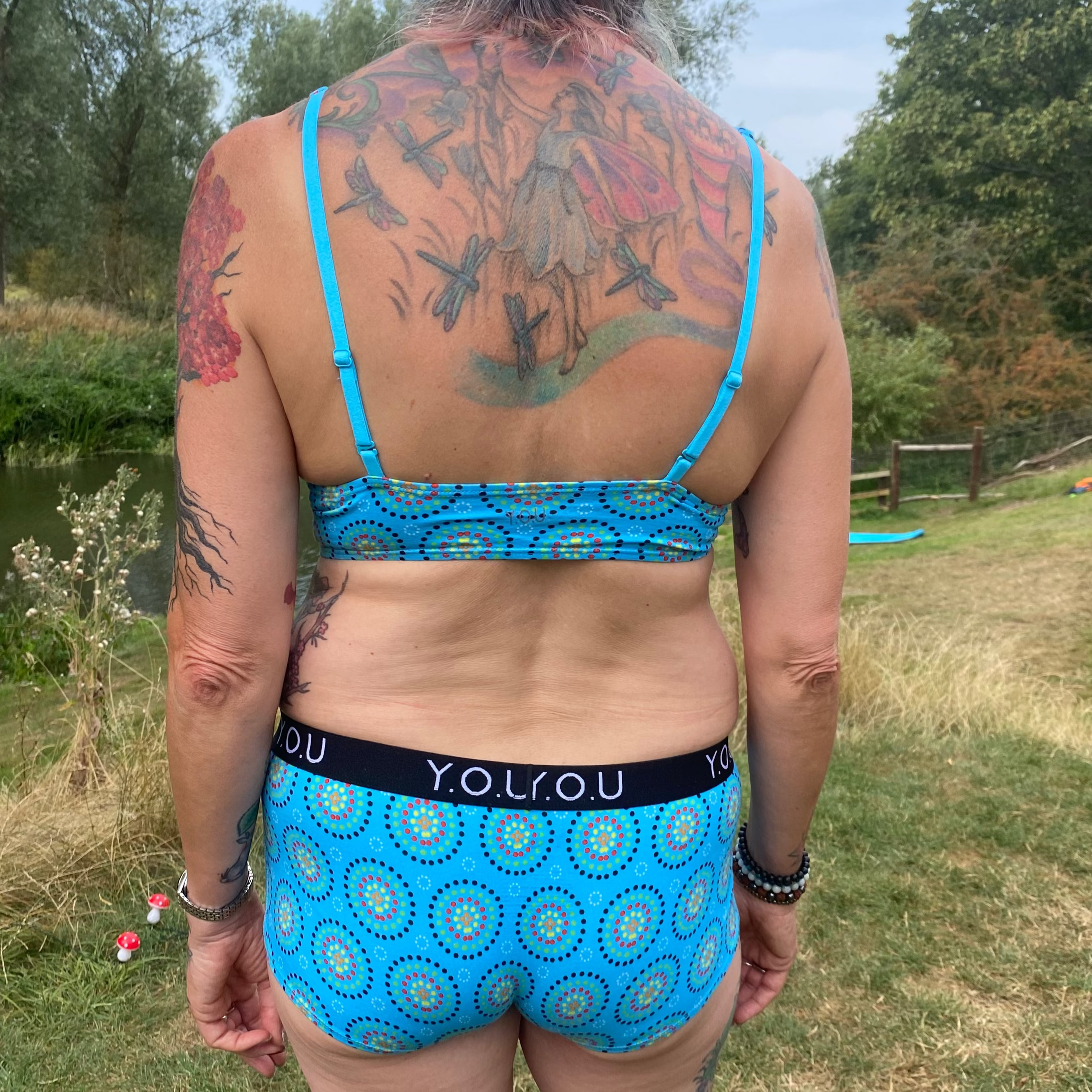 Women's organic cotton matching bralette and Y.O.U boy shorts set - Blue Mara design