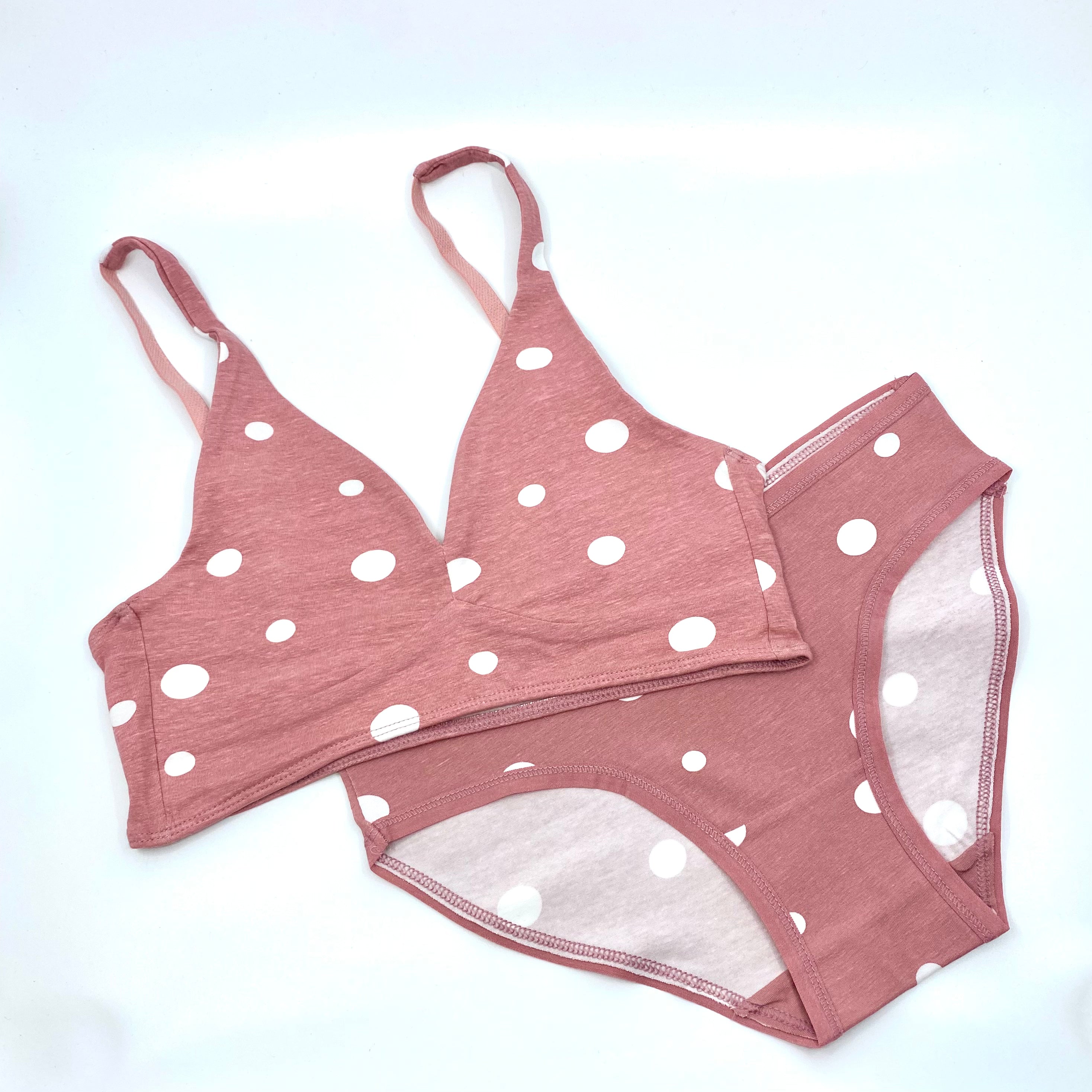 Women's organic cotton bralette and low-rise bikini set- pink with white dots