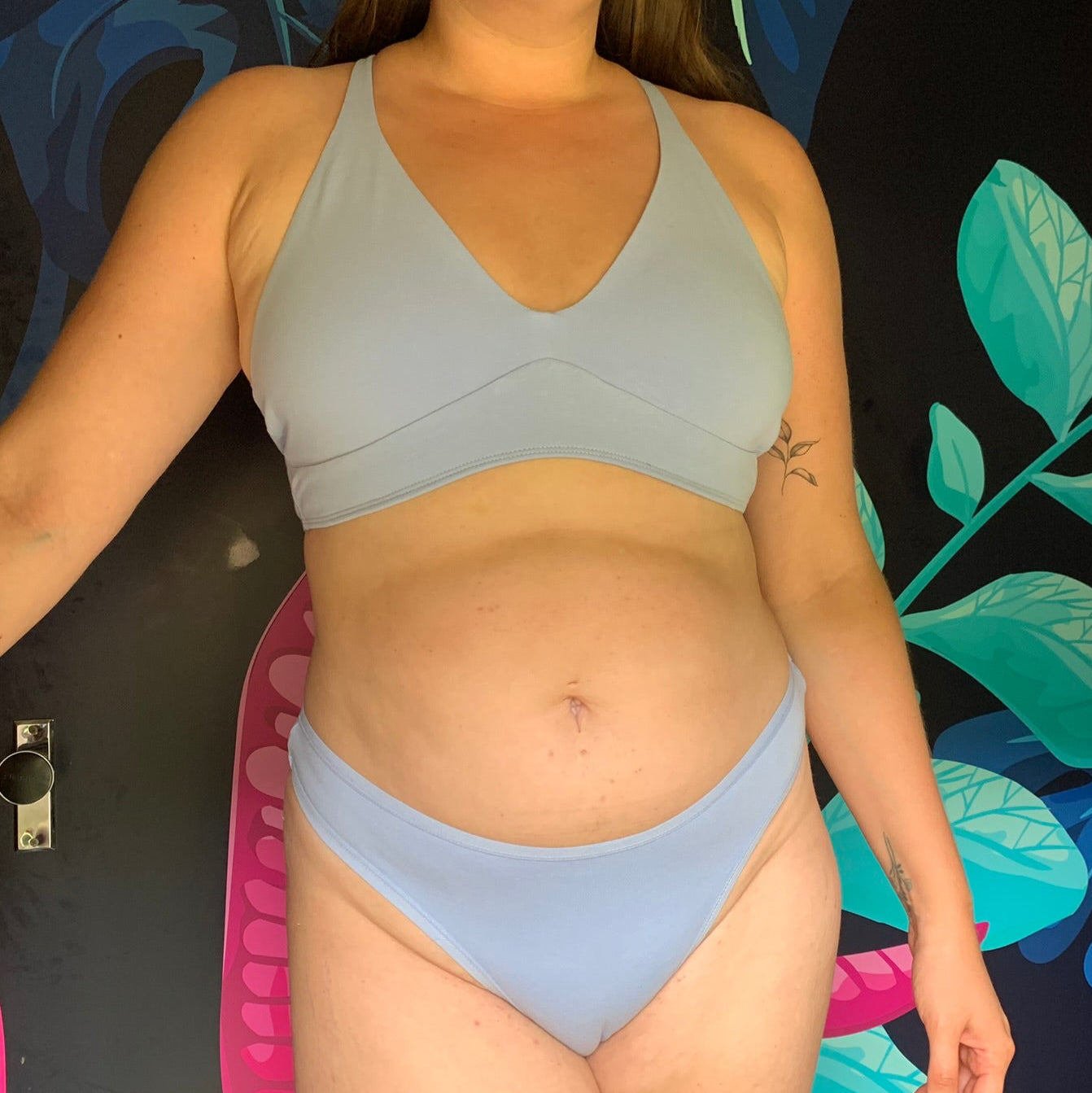 Women's organic cotton matching bralette and thong set in light blue