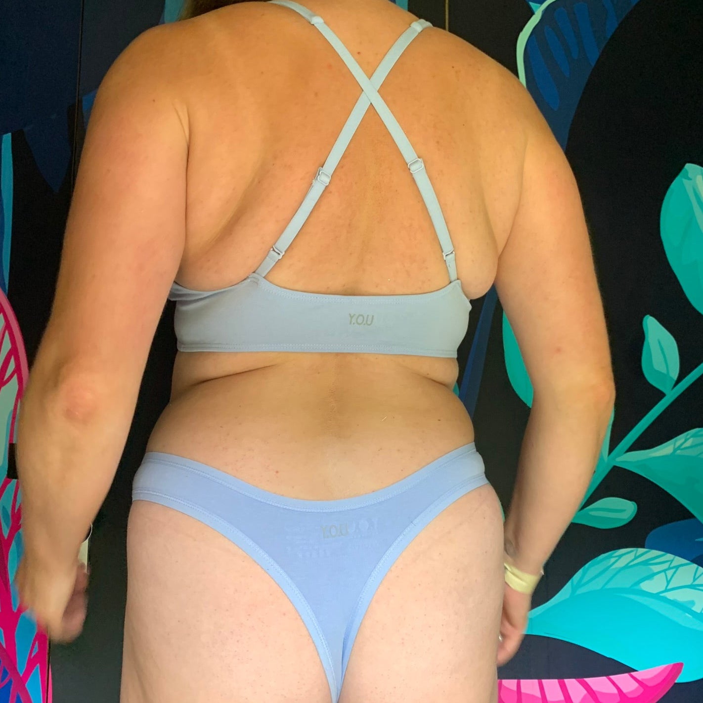 Women's organic cotton matching bralette and thong set in light blue