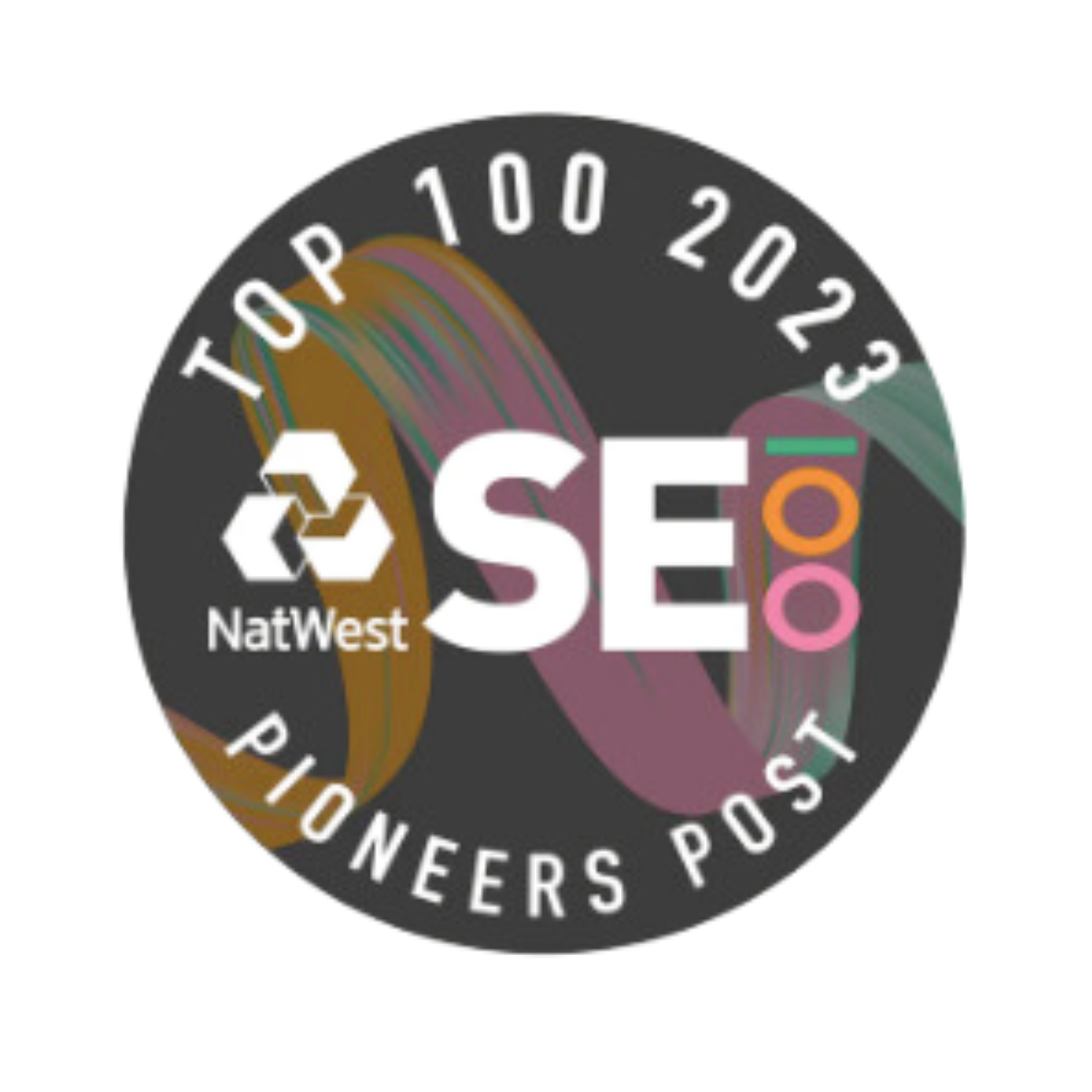 An image of the Natwest SE100 Top 100 logo. It reads 'Top 100 2023, Natwest SE100, Pioneers post.' The background is white and the writing is in a grey, pink, green and orange circular logo.