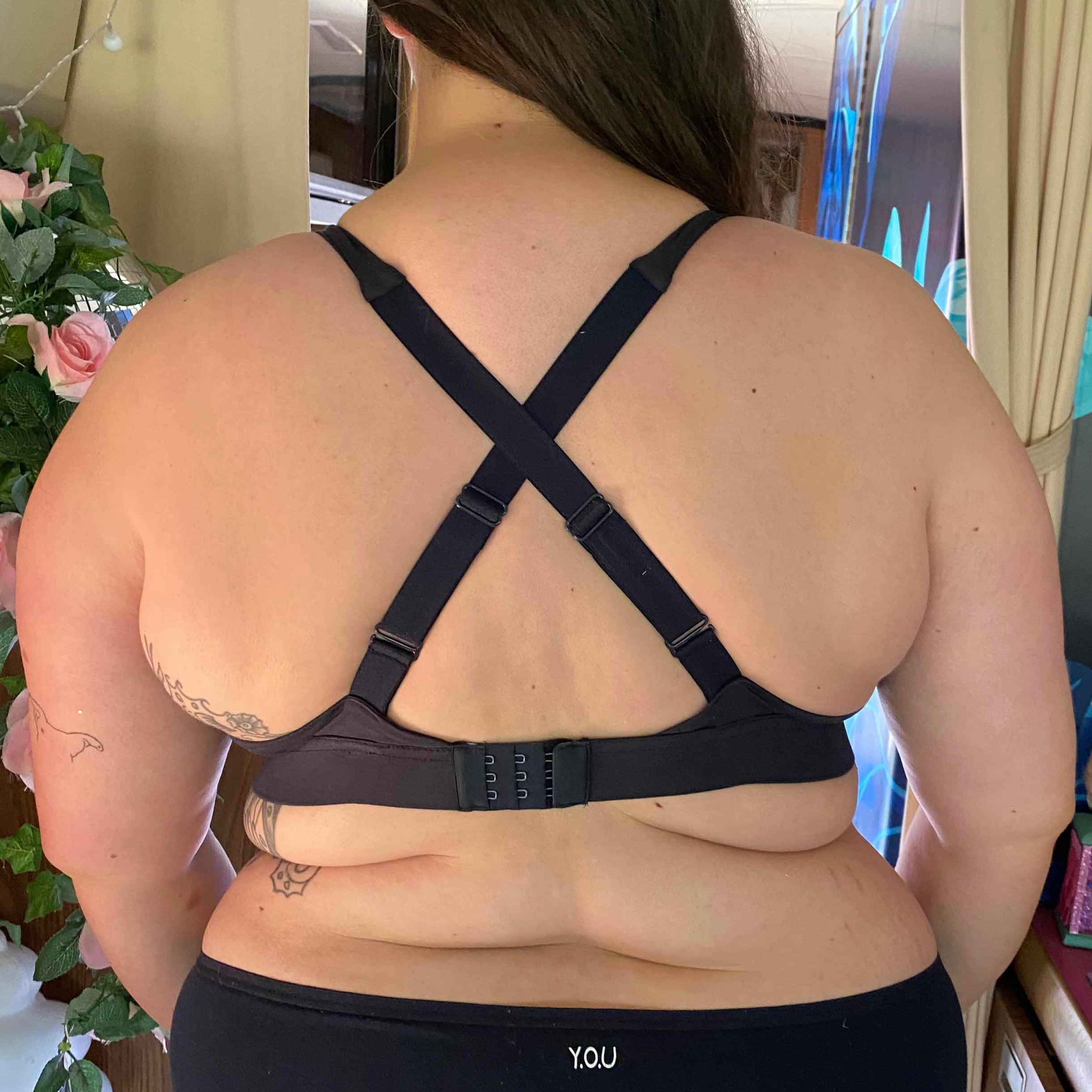 model wearing organic cotton more supportive bra navy - You Underwear