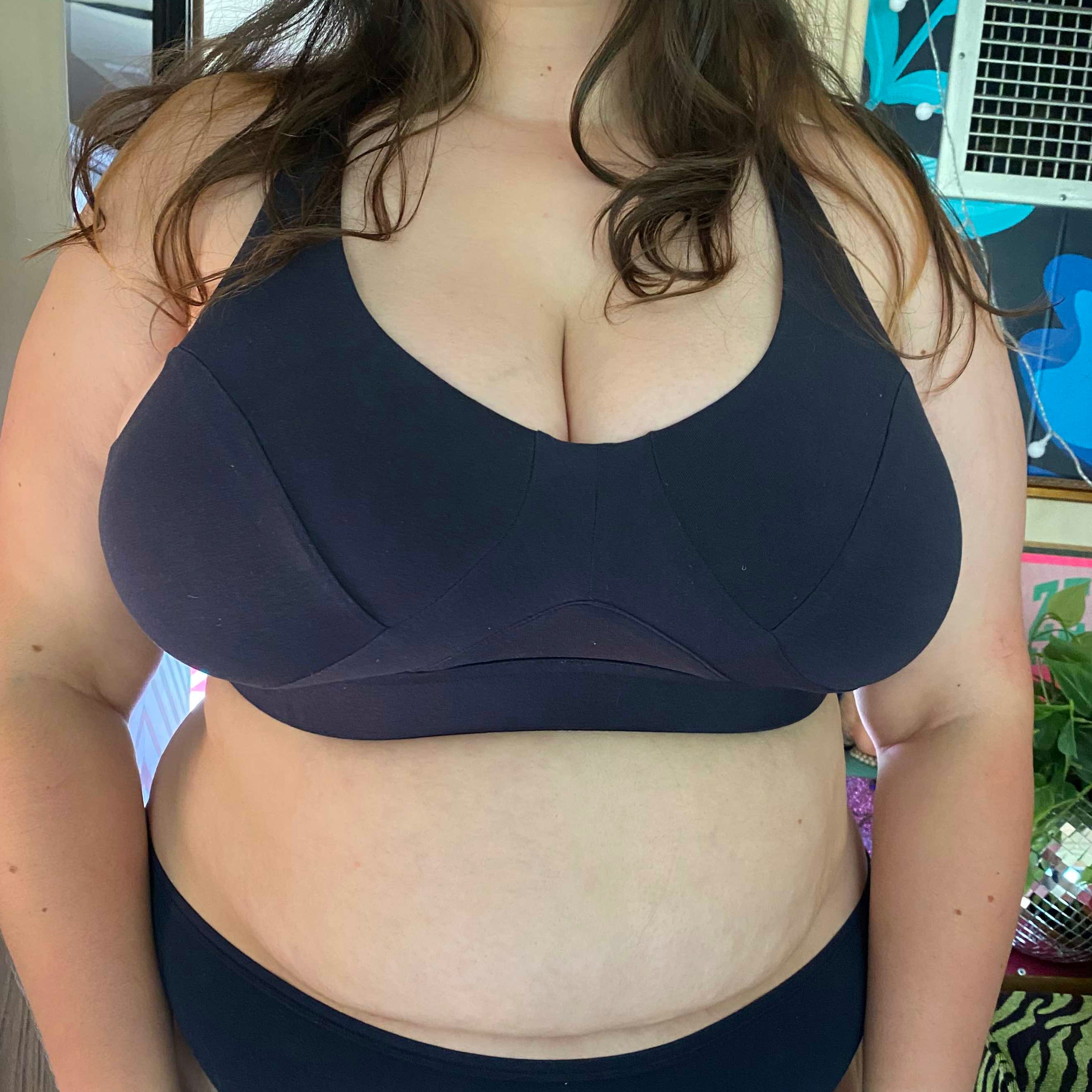 model wearing organic cotton more supportive bra navy - You Underwear