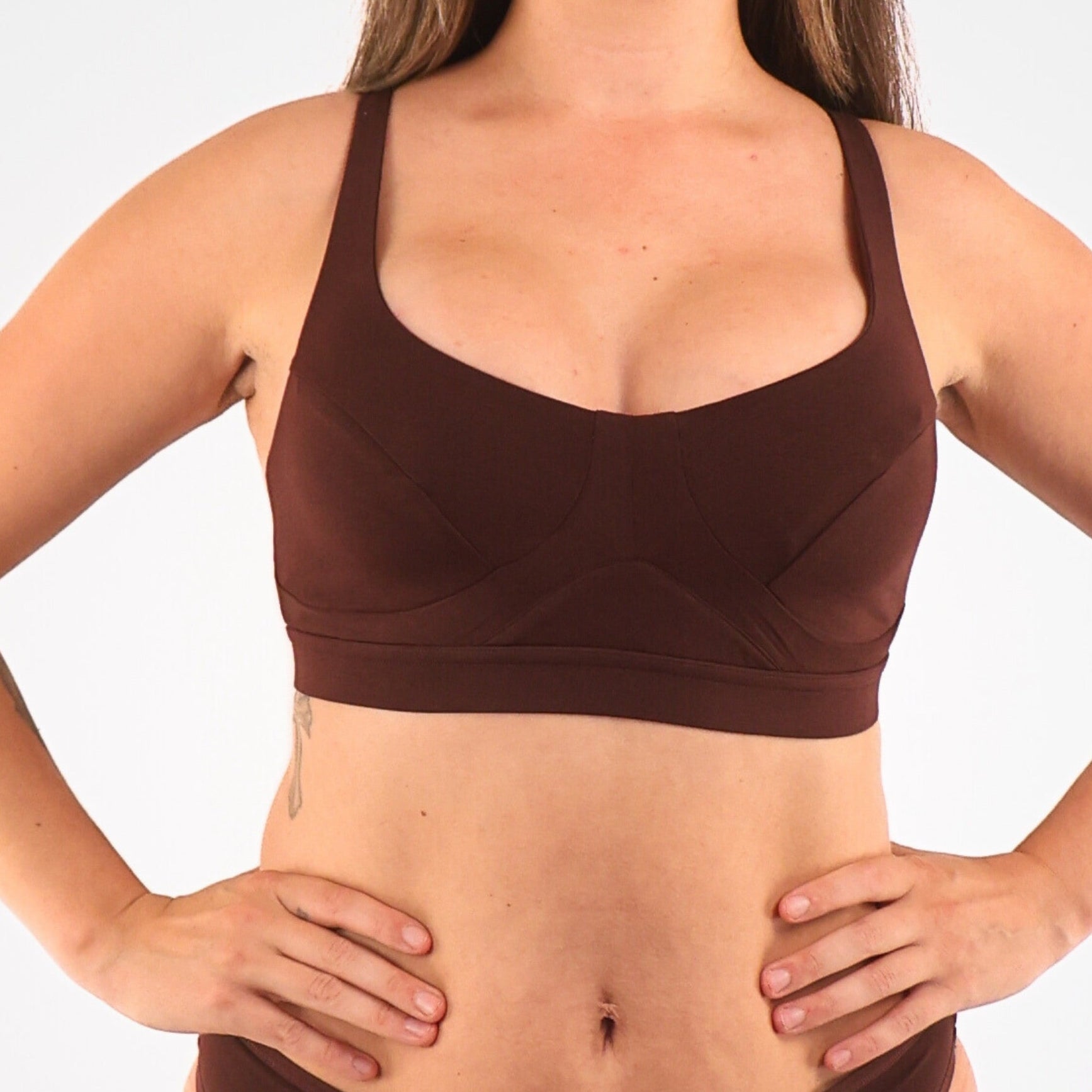 model wearing organic cotton more supportive bra cocoa - You Underwear
